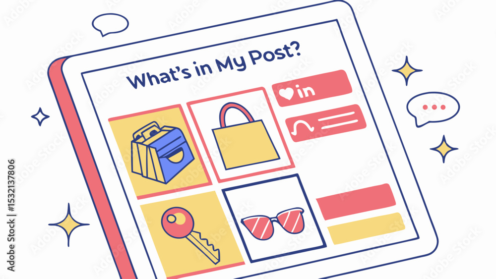 Poster illustration of a tablet displaying a social media post with various icons and design elements shown