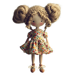 Handmade Crochet Doll with Curly Hair and Floral Dress Isolated on White Background