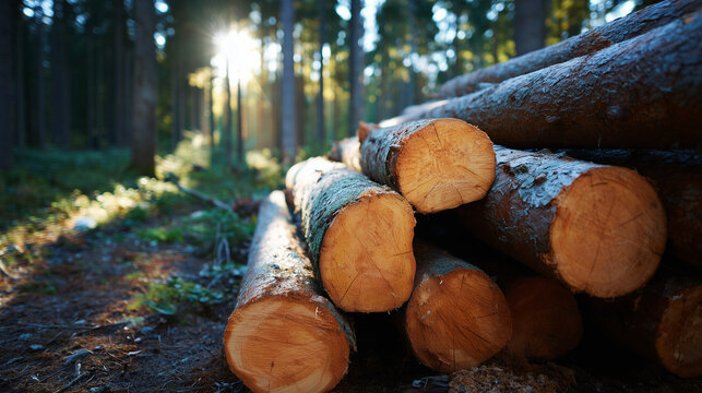 Stacked cut logs in a forest during sunrise, ready for transportation or processing.
