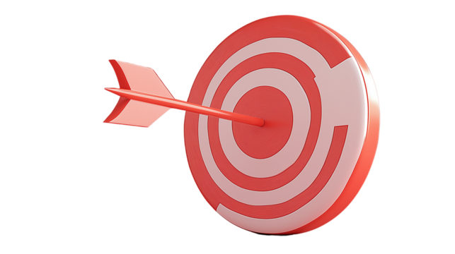3D target with arrow in the center, marketing goal symbol, modern gloss, PNG