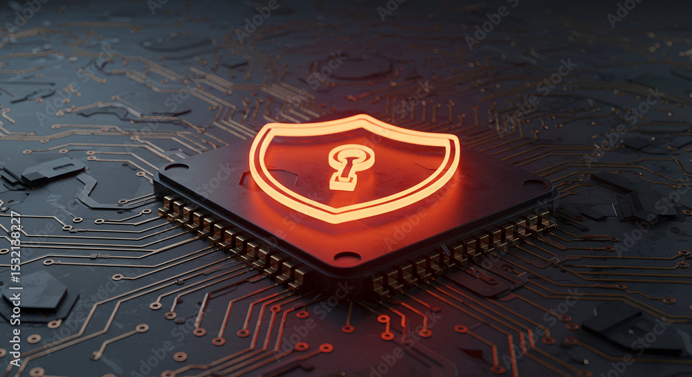 Poster glowing shield icon with keyhole graphic on dark circuit board. abstract illustration of cybersecuri