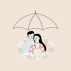 Minimalist family illustration with mom, dad, and child under an umbrella  symbol of protection, care, and family insurance in a modern style.