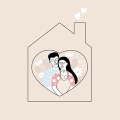 Minimalist illustration of a family with mom, dad and child inside a house, symbolizing home ownership, mortgage, family protection and insurance in a modern conceptual style.