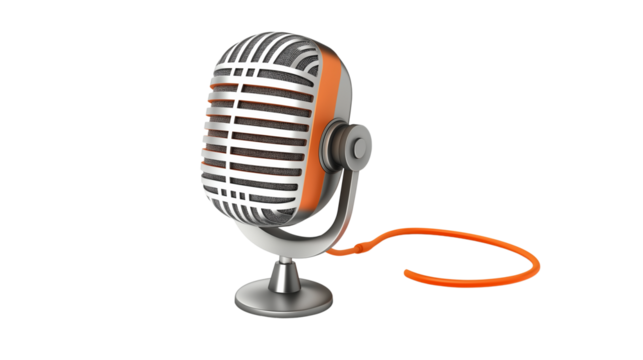 3D podcast microphone icon with radio waves and shadow depth, on white background, PNG 