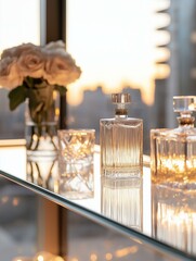 Glass table with a vase of white roses on the left side and two small glasses on the right side. in the center of the table, there is a perfume bottle with a gold-colored stopper.