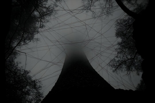 Mysterious fog shrouded forest tree trunk low angle view