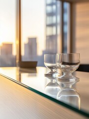Two empty wine glasses on a wooden table in front of a large window with a view of a city skyline. the glasses are made of clear glass and are placed side by side on the table.