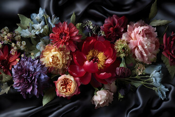 A vibrant floral arrangement on dark fabric.