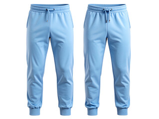 Powder Blue Track Pants Displayed on Ghost Mannequin, Front and Rear View, Transparent PNG.
