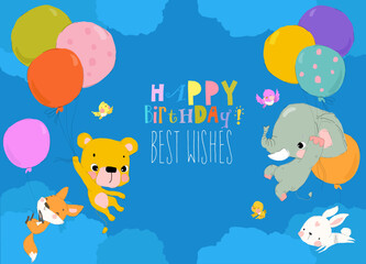 Cartoon Happy Animals flying with Balloons in the Sky