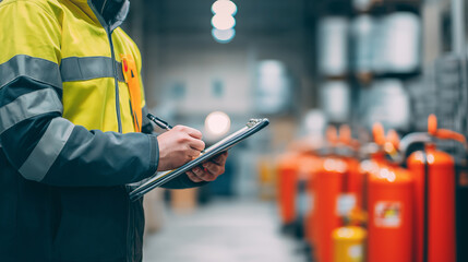 Naklejka na ściany i meble Industrial safety inspector in orange uniform checking fire extinguishers in a factory facility. 