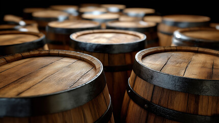 Fototapeta premium Close-up view of wooden barrels with metal bands used for aging wine or spirits. 