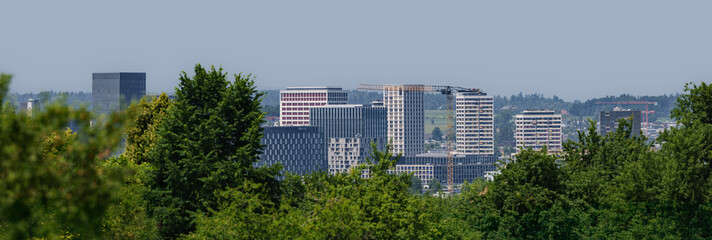 Greenery, Construction Crane and Office Buildings. Oerlikon, Zurich, Switzerland