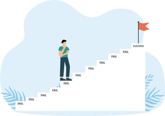 Frustrated businessman animation giving up before reach the success flag on the top of stairs concept

