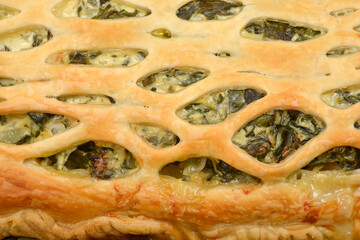 A detailed close-up shows a golden brown baked puff pastry with a lattice top, revealing a filling of spinach and cheese