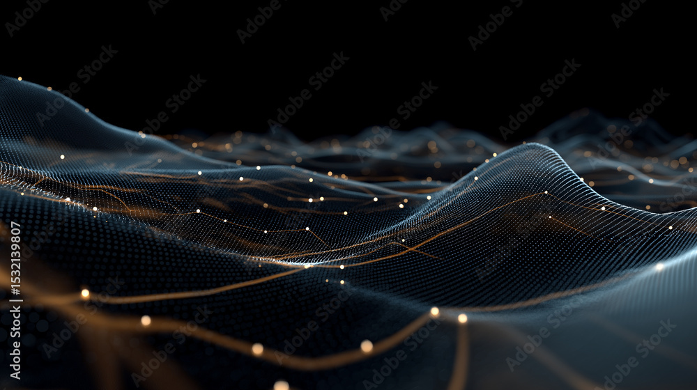 Aufkleber elegant dark-toned digital landscape with glowing data points forming smooth 3d wave structures.