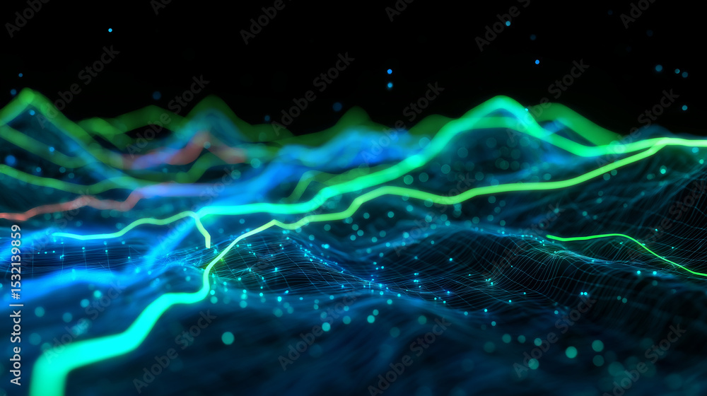 Poster colorful abstract 3d data visualization with glowing green and blue digital lines on a dark backgrou