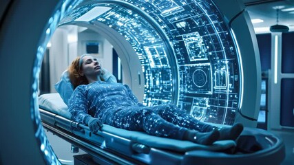 A patient lies calmly inside an MRI machine in a hospital. The concept of advanced medical imaging, healthcare technology, and diagnostic precision. Generative AI. - Powered by Adobe