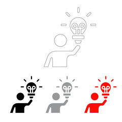 vector icon of a silhouette of a person lifting a light bulb, line icon, red and black light icon