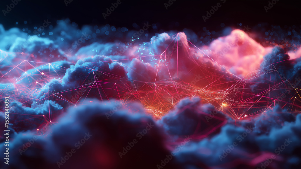 Poster futuristic cloudscape with glowing red and blue network connections symbolizing digital cloud infras