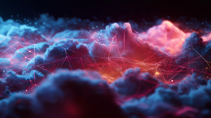 Futuristic cloudscape with glowing red and blue network connections symbolizing digital cloud infrastructure.
