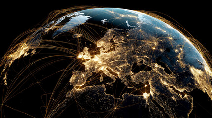 Europe-focused digital Earth view with glowing connection lines symbolizing global data exchange.
