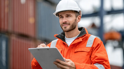 Confident Male Construction Worker Wearing Safety Helmet and Orange Jacket Holding Clipboard at Busy Shipping Container Yard