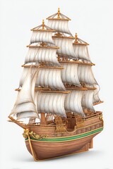 Three Dimensional Model of a Grand Sailing Ship with Golden Accents and White Sails