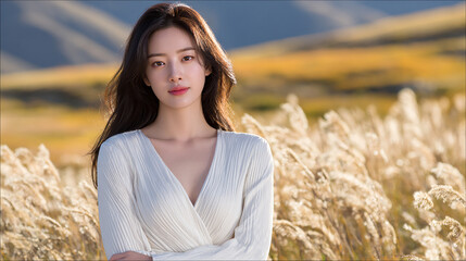 Beautiful Young Woman with Flowing Hair Wearing White Dress Standing in Green Field on Sunny Day Showing Natural Elegance and Serenity