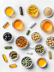 Stylish flat lay of various health supplements and vitamins on a clean, white background