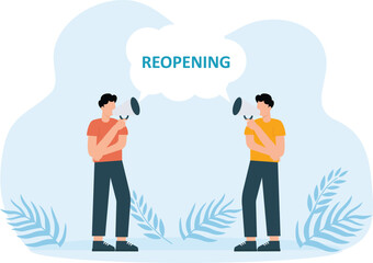 Animated cartoon design of business people shouting through a megaphone with reopening word on the cloud bubble after Covid-19 epidemic. Shot in 4k resolution concept

