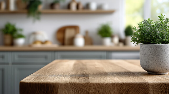 Stylish kitchen scene featuring a wooden table in focus with soft lighting and elegant surroundings, ideal for cooking visuals, culinary branding, or lifestyle photography, kitchen mockup, wooden tabl