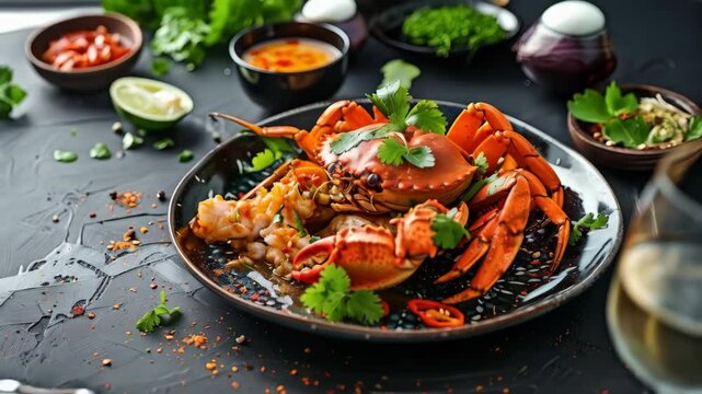 Singaporean chili crab, a signature dish of stir-fried crab in a rich and spicy tomato chili sauce, served with fresh herbs. A must-try for seafood lovers