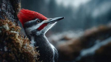 Close up of Woodpecker with Bright Red Crest Perched on Tree Trunk in Natural Habitat during Soft Light