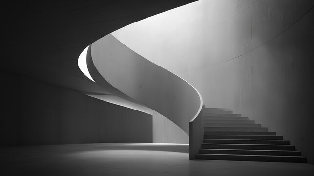 Minimalist spiral staircase in a modern architectural space with dramatic lighting.
- Powered by Adobe