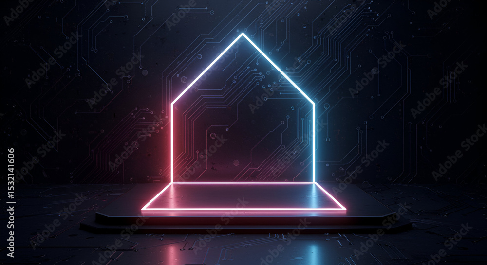 Poster neon-lit house-shaped platform in dark, circuit-patterned background. empty display space with glowi