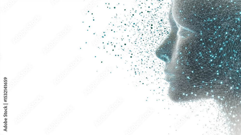 Poster minimalist side profile of a human face constructed from digital dots and connecting lines.