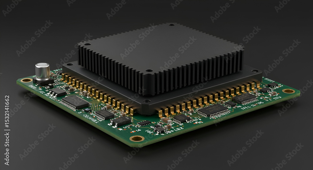 Poster advanced electronic circuit board with a black processor mounted on top. the circuit board is angled