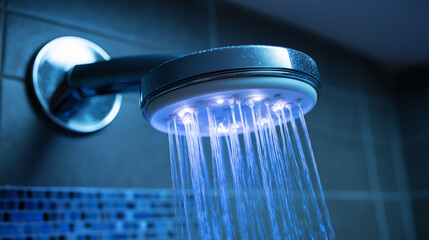 Modern shower head with running water in a blue-lit tiled bathroom.
