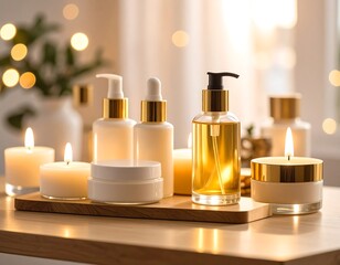 Spa products on wooden tray