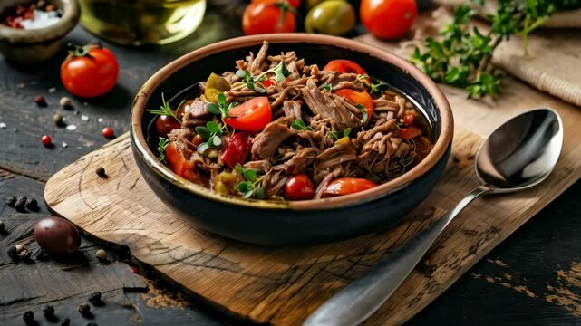 A close-up of a traditional Cuban Ropa Vieja dish with tender shredded beef, stewed tomatoes, green olives, and a savory sofrito sauce