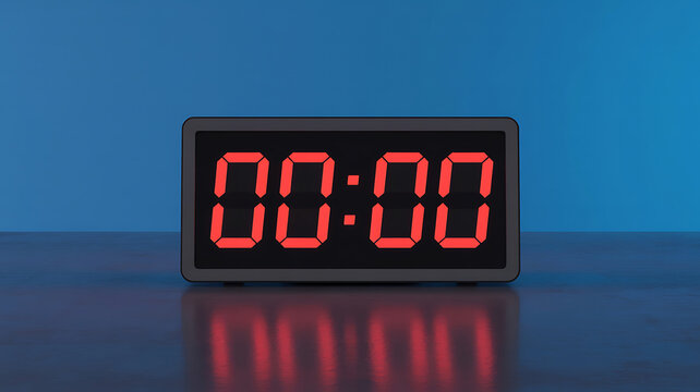 Digital clock displaying the time of zero zero minutes zero zero seconds against blue background