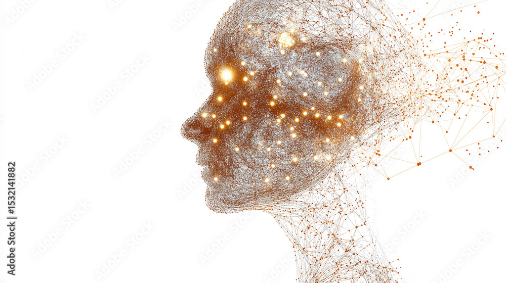 Poster golden abstract digital head in side profile with glowing neural nodes and connected lines on white 