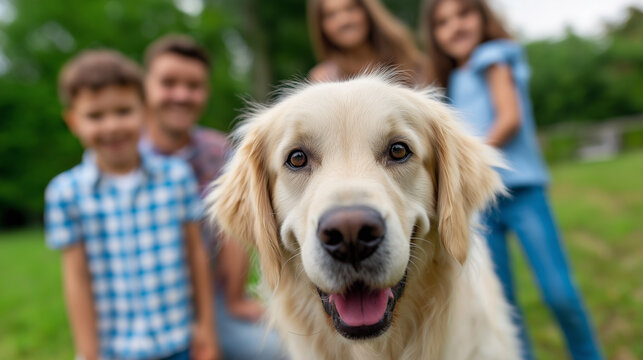 Happy golden retriever in focus with smiling family in the background at the park.

