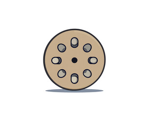 Fototapeta premium Cartoonish tan film reel with eight circular and oblong holes dark outline