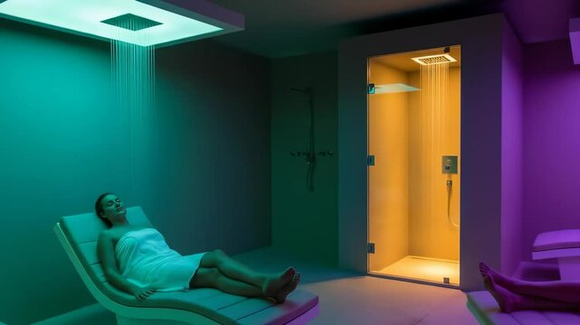Woman relaxing on recliner during chromotherapy light shower session. Wellness, relaxation, and modern spa concept footage.