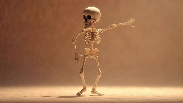 A cartoon-style 3D skeleton strikes a funky pose under dramatic spotlight. Perfect for Halloween, humor, performance, or animation concepts.


