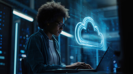 Woman working on laptop in a dark server room with a glowing holographic cloud icon.