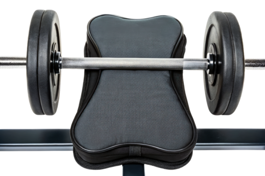 Barbell resting on a black weightlifting bench isolated with transparent background - Powered by Adobe