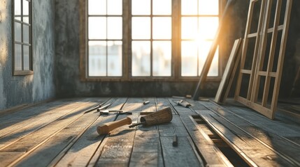 Sunrise in a Carpenter's Workshop: Rustic Charm and Tools